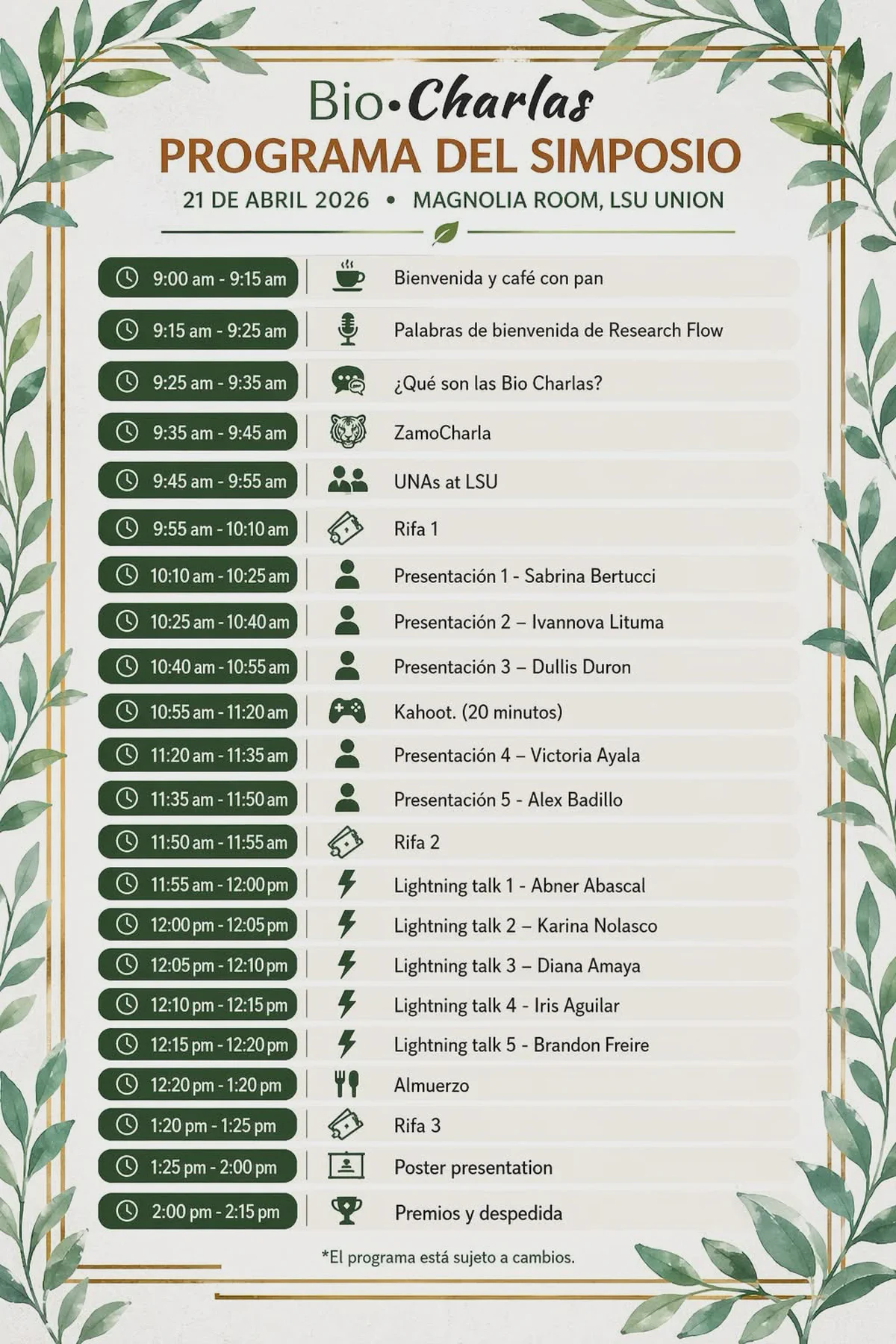 Bio-Charlas symposium program for April 21, 2026 at the LSU Union.