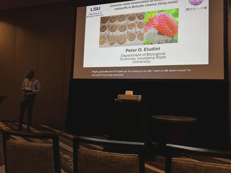 Peter at a lectern beside a slide showing fungal cultures and strawberries.