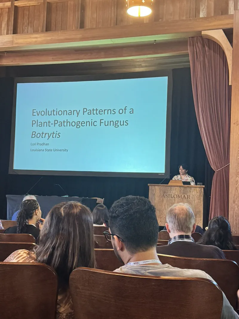 Lori Pradhan speaking at the Asilomar lectern beside the title slide of her Botrytis presentation.