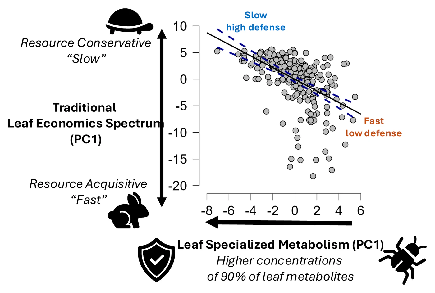 Scatterplot relating the leaf economics spectrum to specialized metabolism, with slow, high-defense and fast, low-defense ends labeled.